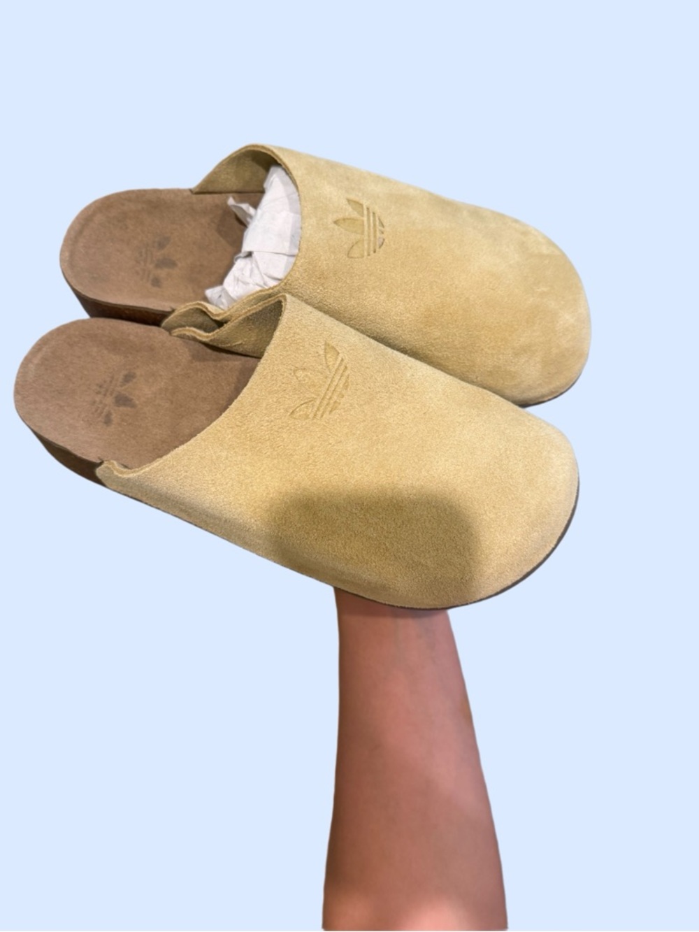 adidas Suede Slip-On Clogs in Tan